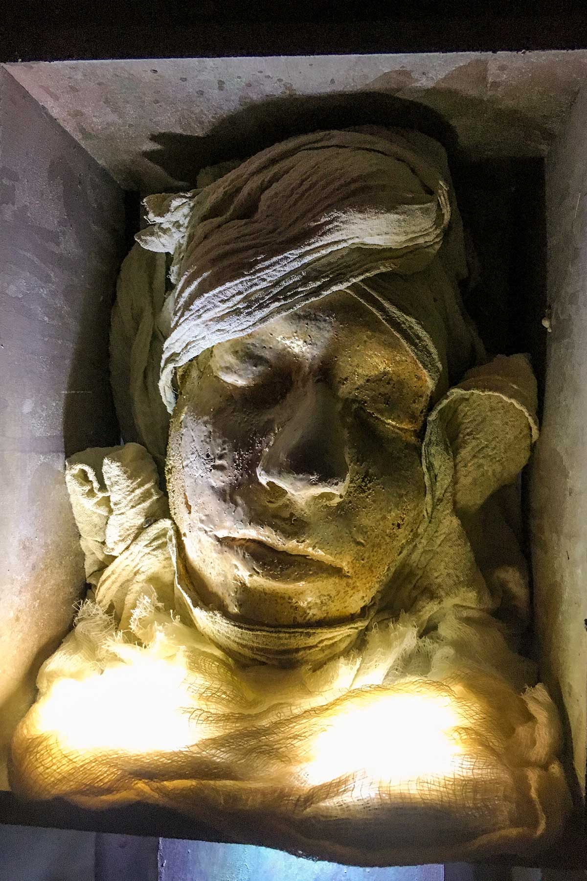 A cast face wrapped in gauze, resting in a lit niche like a sleeping head