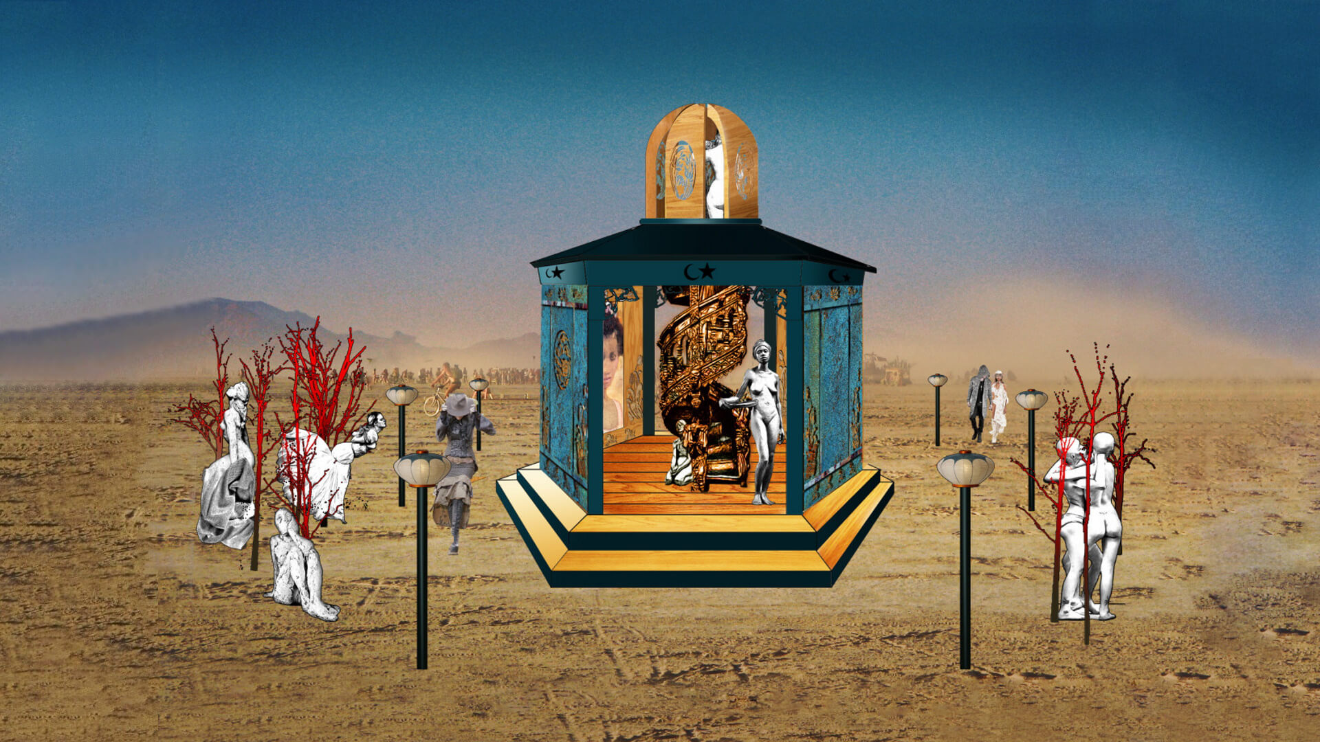Concept art of Secretly Abandoned Spaces by day: a teal hexagonal structure with a spiral staircase, surrounded by red trees, cast figures and lanterns on the playa