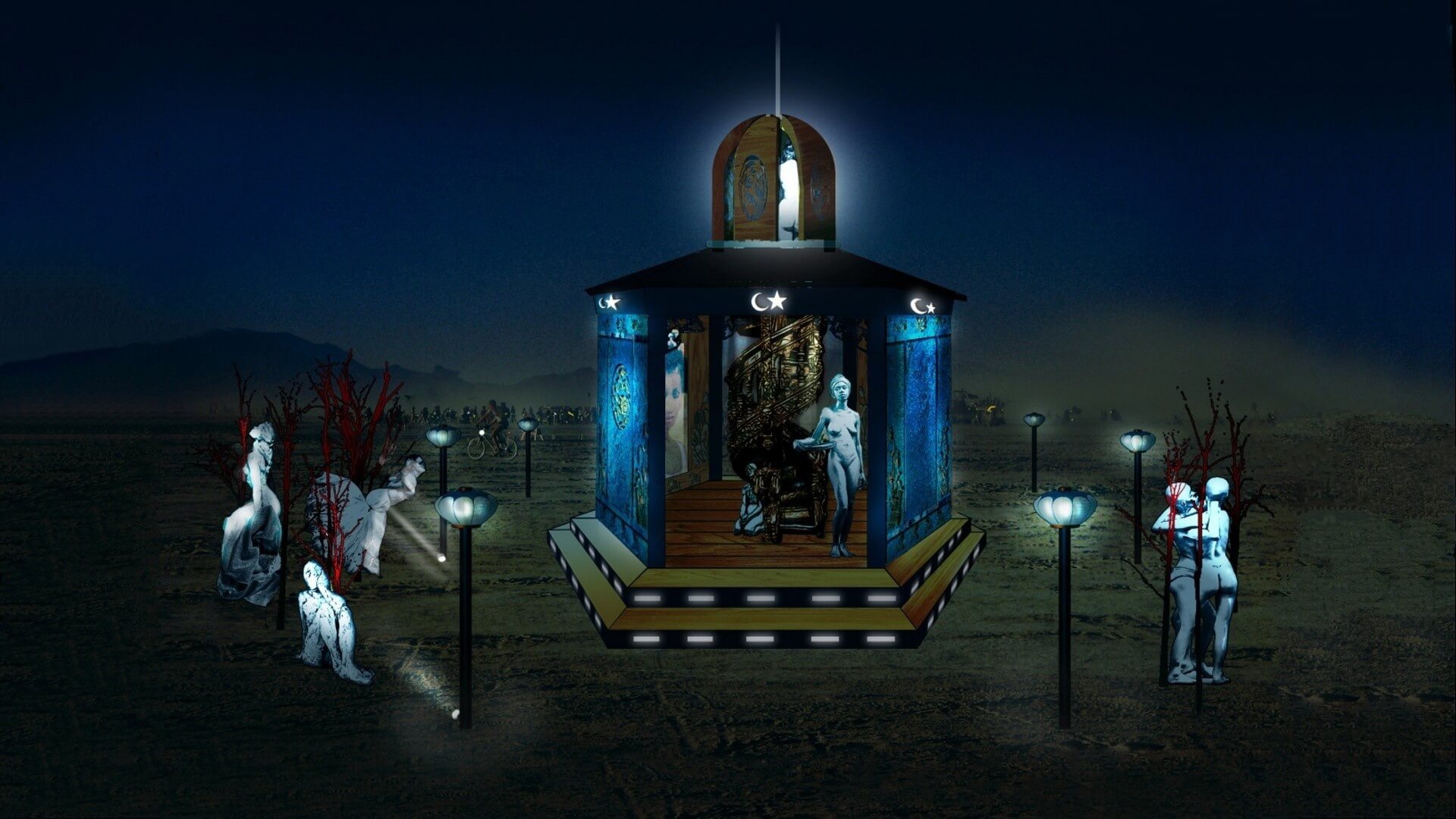 Concept art of Secretly Abandoned Spaces at night: the teal structure glowing under crescent moons and stars, with cast figures lit by lanterns
