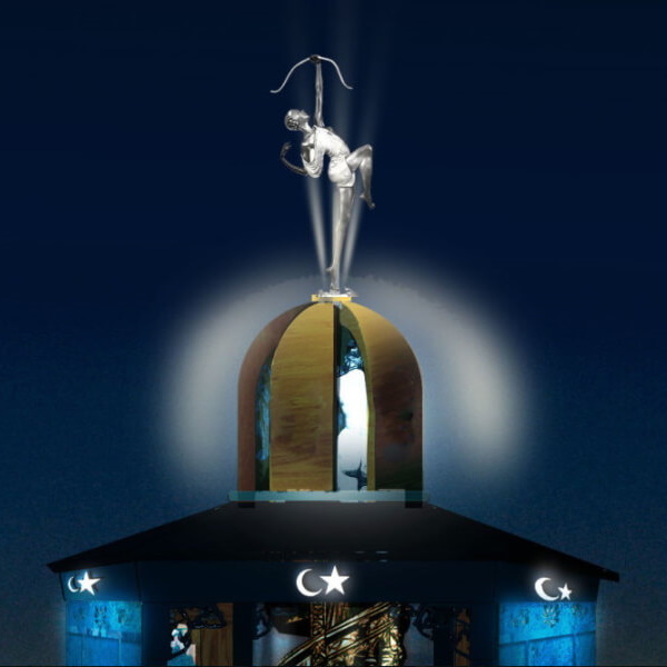 Concept art at night of a silver archer figure on the cupola, lit by a glowing halo above a roof marked with crescent moons and stars