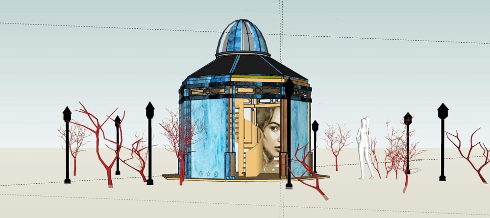 3D model of the structure with a blue dome and a woman's portrait inside, surrounded by red trees, lamp posts and a human figure for scale