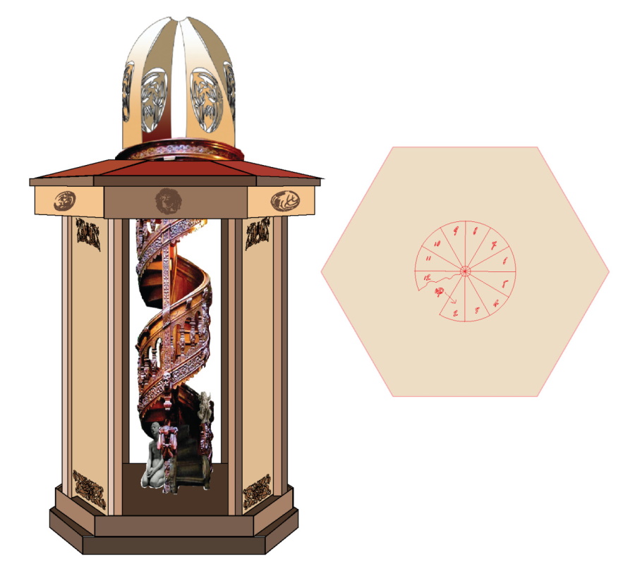 Early concept art of the structure with a spiral staircase inside, beside a hexagonal floor plan