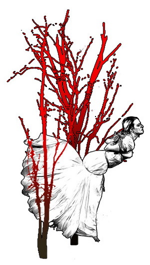 Concept art of a woman in a white gown bending backward into the branches of a blood red tree
