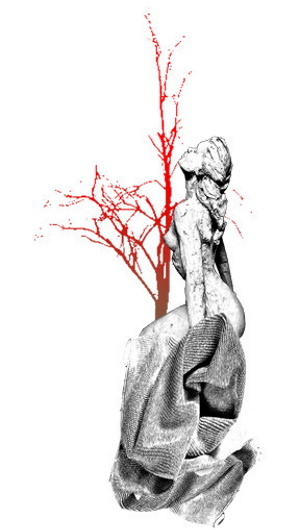 Concept art of a draped woman arching back with her face turned upward beside a red tree