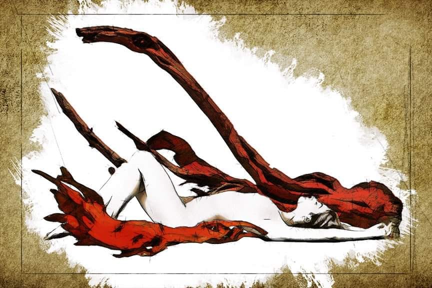 Concept art of a woman lying on the ground, her body entwined with red driftwood branches