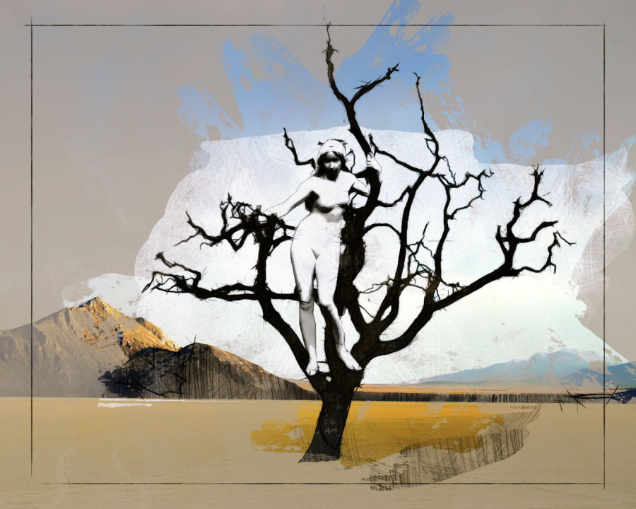 Concept art of a pale woman standing in the branches of a bare black tree, with mountains behind