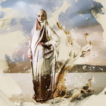 Concept art of a veiled woman in flowing robes beside a bleached, twisting tree on the desert playa