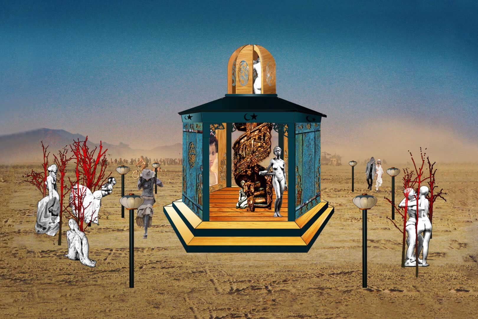 Concept art for Secretly Abandoned Spaces: a domed pavilion with a golden staircase, red coral trees and white figures on the playa