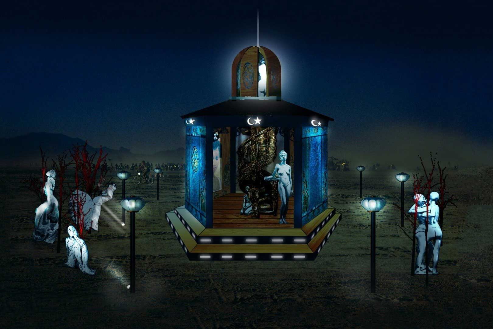 Concept art for Secretly Abandoned Spaces at night, the pavilion and lamp posts glowing