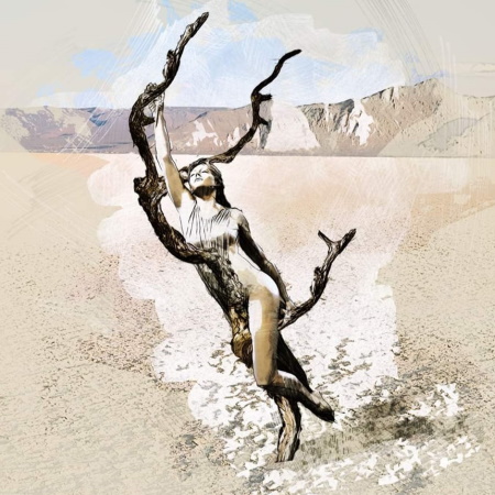 Concept art of a woman reaching skyward, entwined in a bare, twisting tree on the desert playa