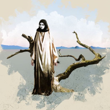 Concept art of a hooded woman in long draped robes standing before a fallen, gnarled tree on cracked desert ground