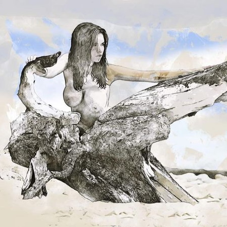 Concept art of a woman with long dark hair emerging from a weathered driftwood trunk