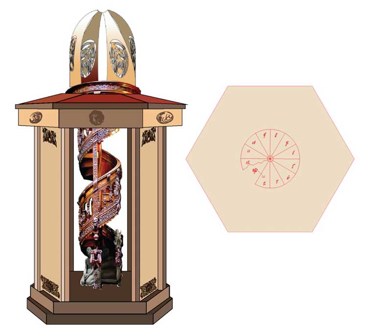 Early concept art of the structure with a spiral staircase inside, beside a hexagonal floor plan