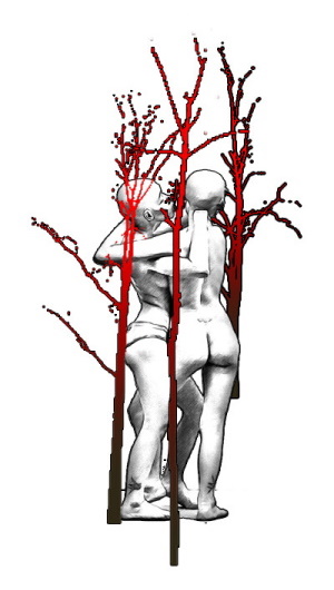 Concept art of a couple embracing in a red tree